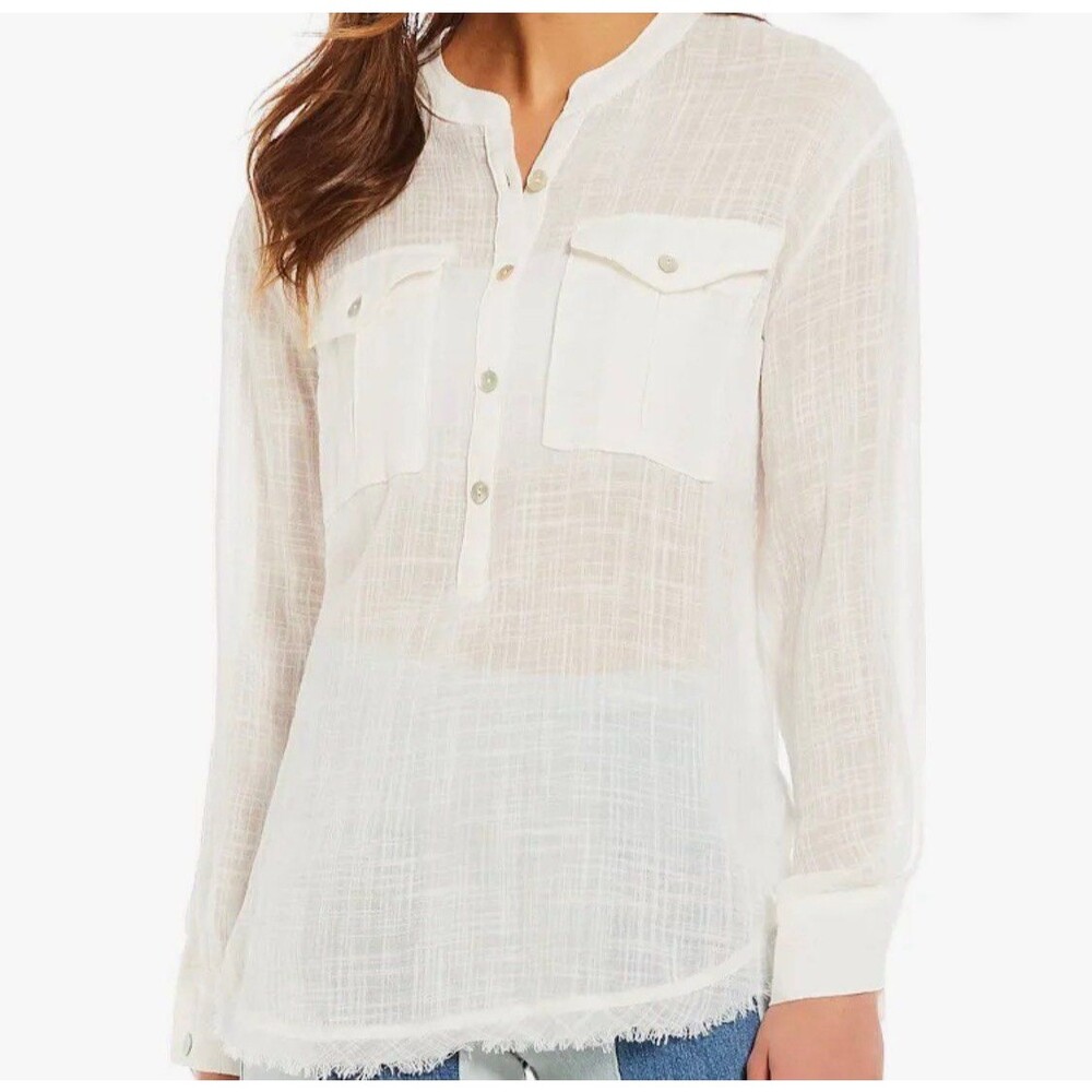 Free People Talk To Me Lightweight Button Down Shirt Sz. Large Ivory